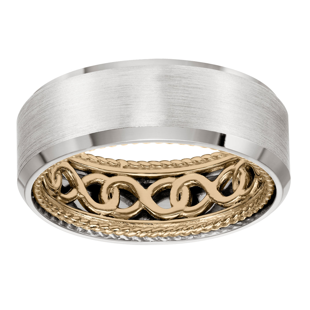 11-WV01A8-G.00 - ARTCARVED - Mens Wedding Band with infinity pattern with rope edge inside and flat profile with bevel edge. Available in multiple white, yellow and rose gold color combinations.