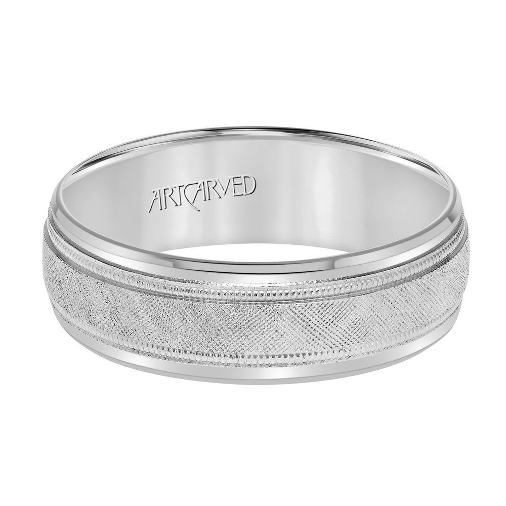 Comfort Fit, engraved wedding band with textured design, milgrain and beveled edges