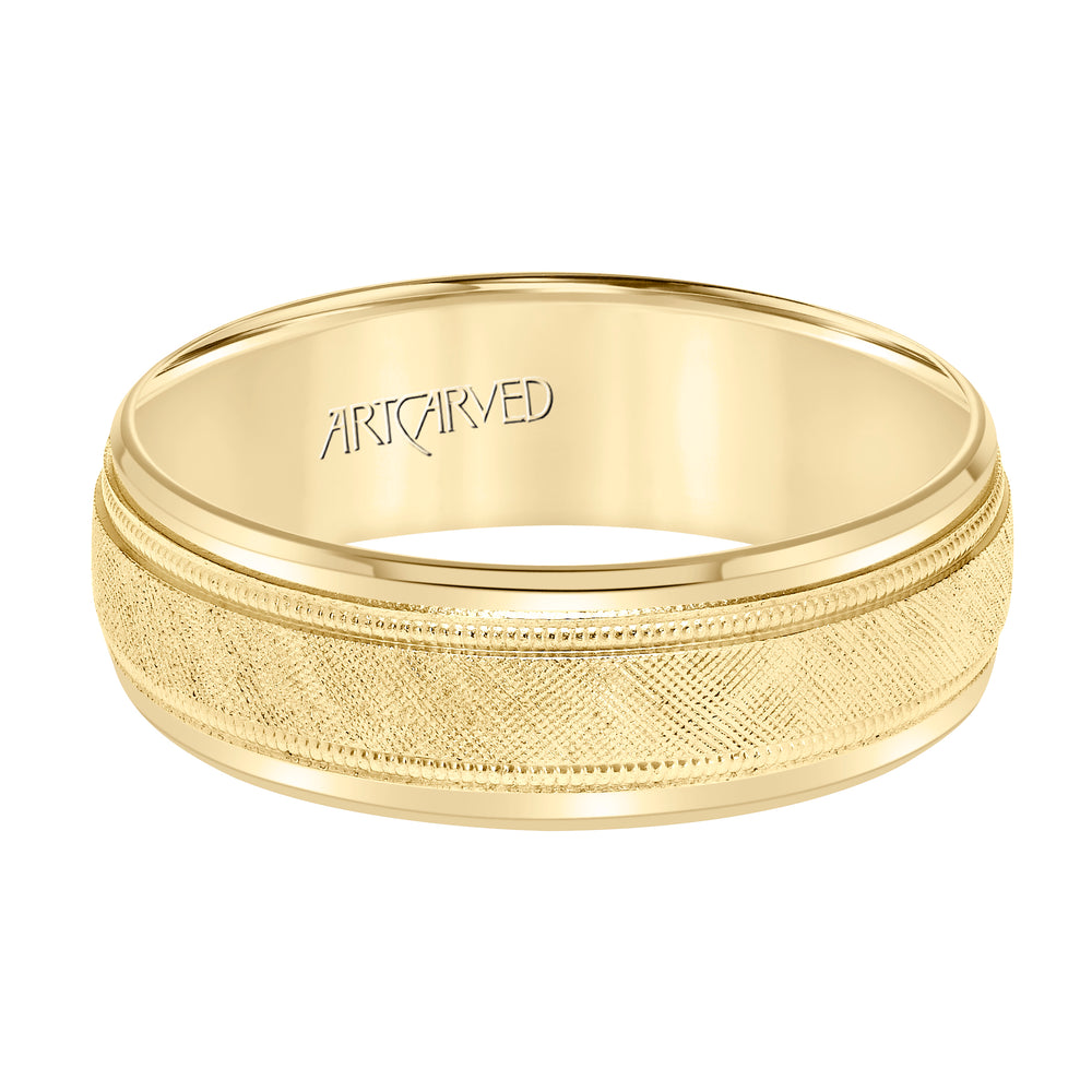 Comfort Fit, engraved wedding band with textured design, milgrain and beveled edges