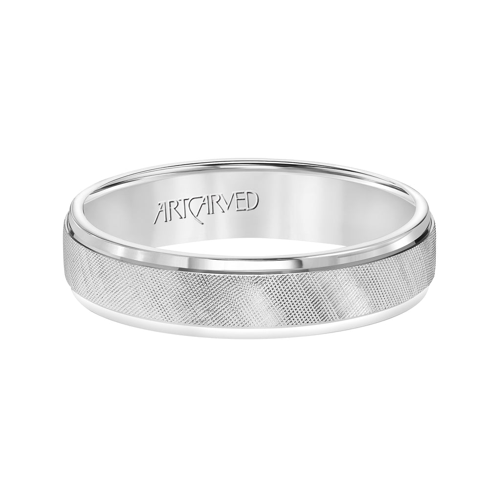 Comfort Fit, engraved wedding band with textured design, and rolled edges
