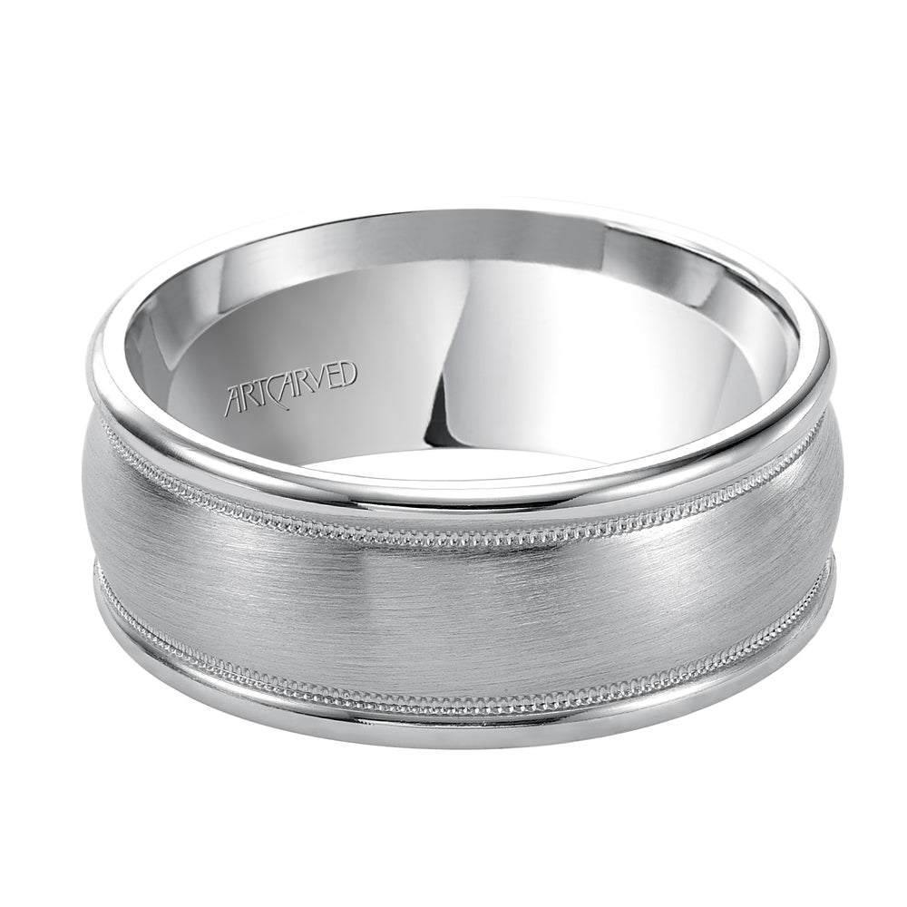 Comfort Fit wedding band with brushed finish, milgrain and rolled edges