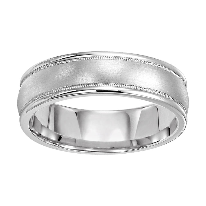 Comfort Fit wedding band with brushed finish, milgrain and rolled edges