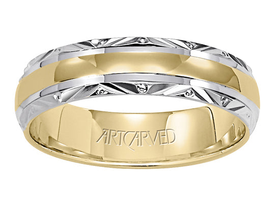 Comfort Fit wedding band with brightly polished center and engraved trim