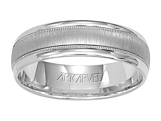 Comfort Fit wedding band with brushed finish, milgrain and rolled edges