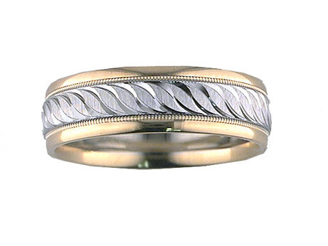 Comfort Fit wedding band with engraved design, milgrain and rolled edges