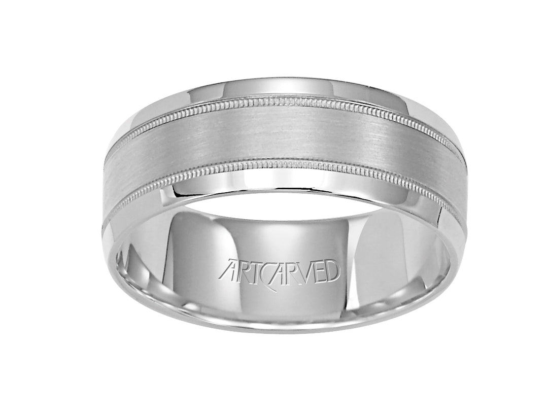 Comfort Fit, classic wedding band with milgrain, brushed finish and flat edges