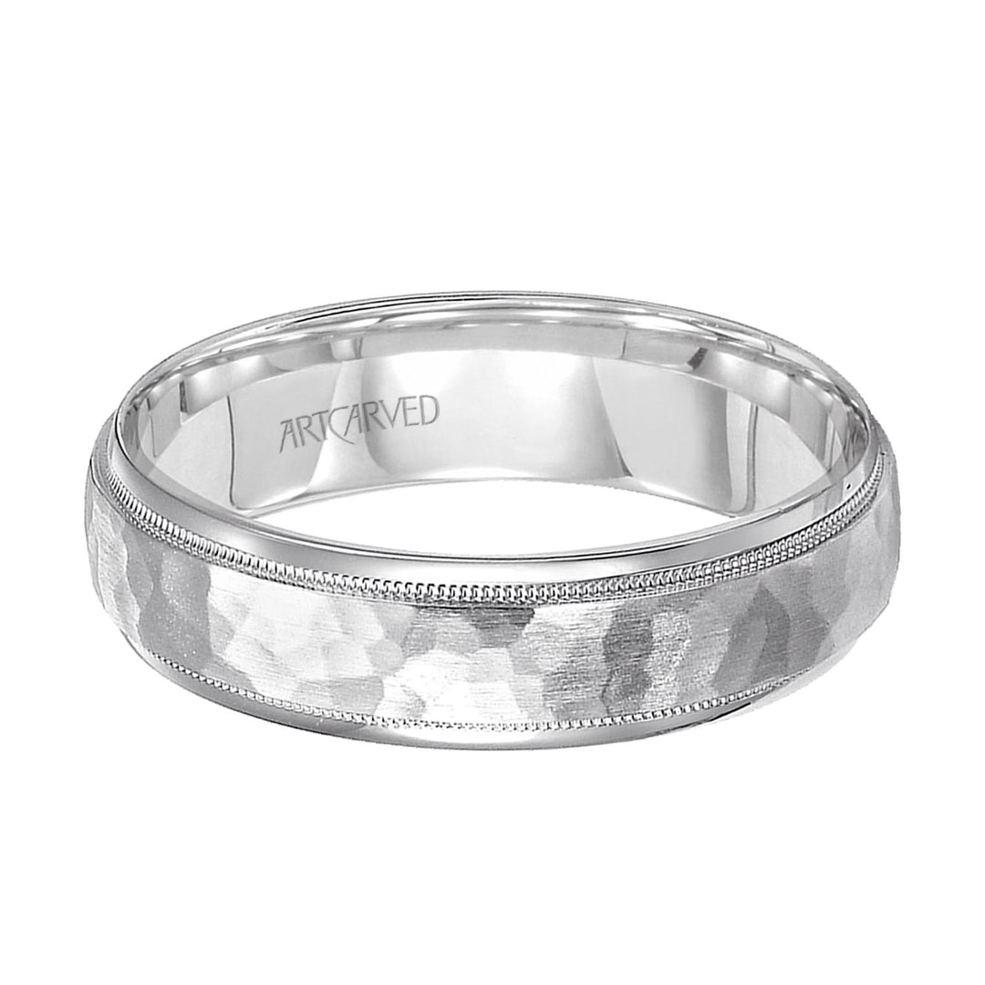 11-WV7173W6-G.00 - ARTCARVED - Comfort Fit wedding band with hammered satin finish and rolled edges Please note hand hammered styles will have slight variations due to the nature of the manufacturing process