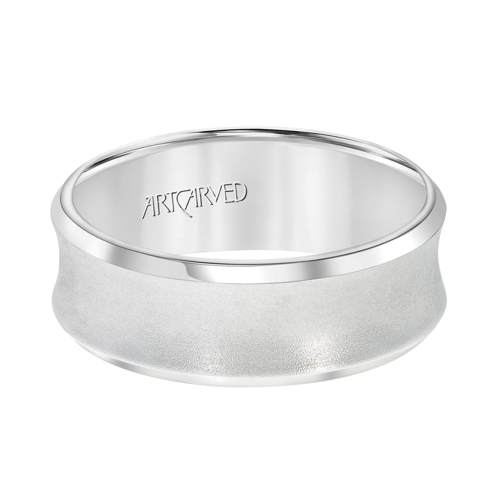 Comfort Fit, engraved wedding band with beveled edges and satin finish