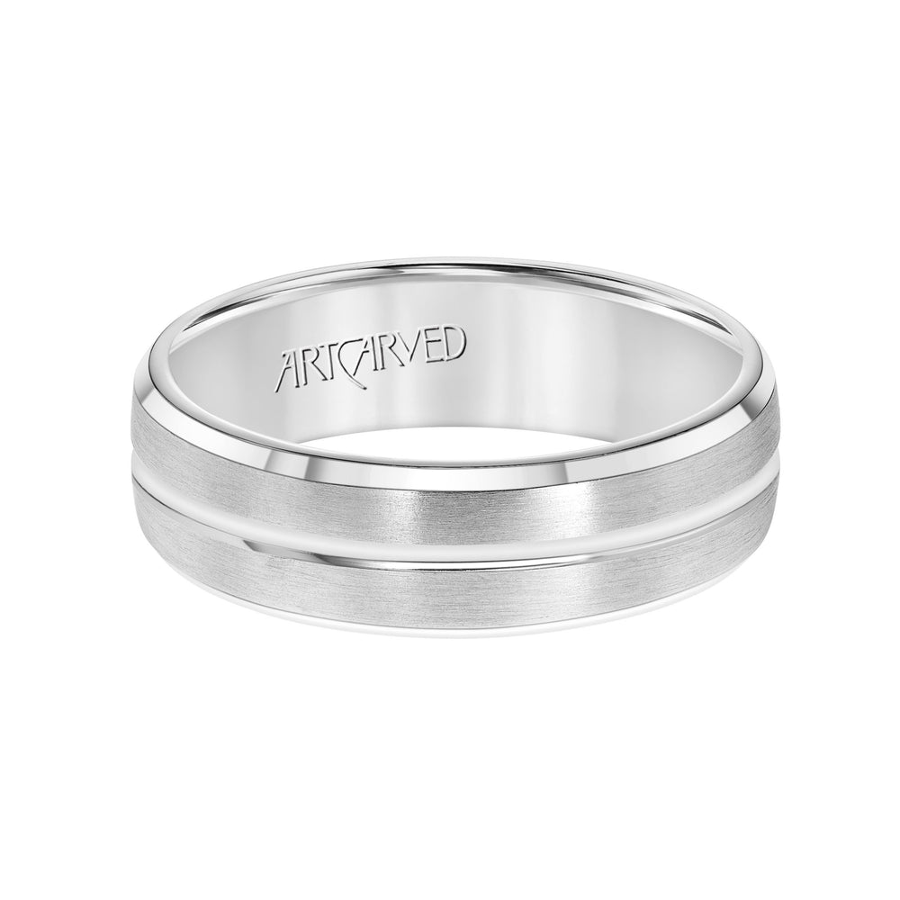 Comfort Fit wedding band with brushed finish, high polished center and beveled edges