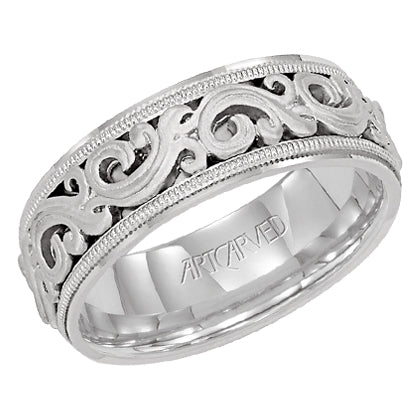 Comfort Fit wedding band with intricate, engraved scroll design, milgrain and flat edges