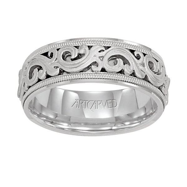 11-WV7300-G - ARTCARVED - Comfort Fit wedding band with intricate, engraved scroll design, milgrain and flat edges