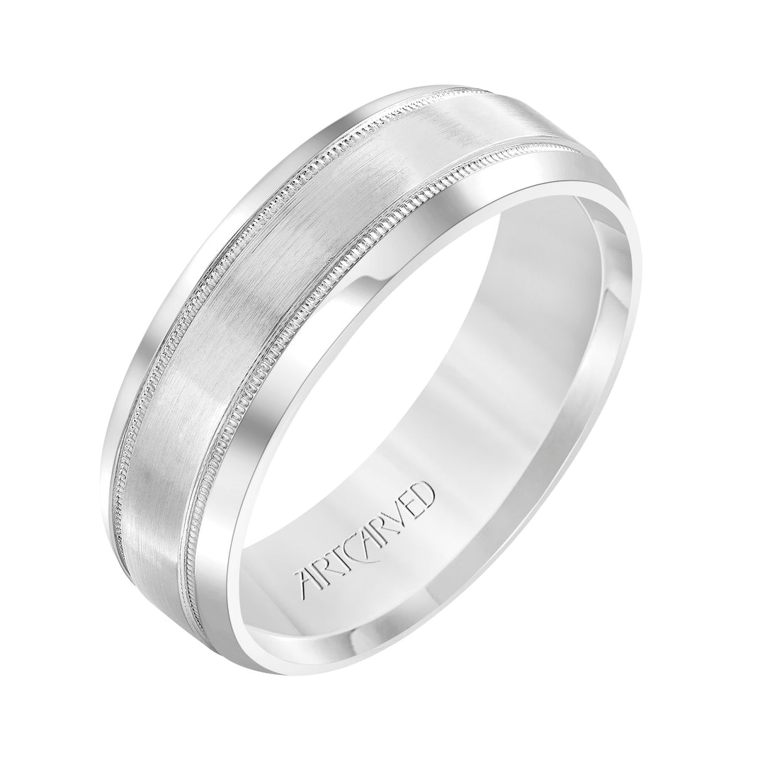 Comfort Fit wedding band with brushed finish, milgrain and rolled edges