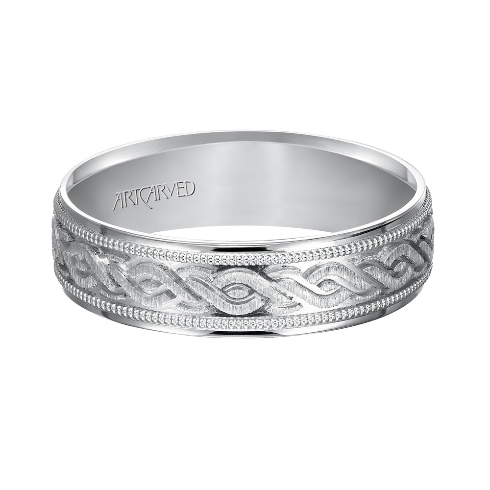 11-WV7322-G - ARTCARVED - Comfort Fit, engraved wedding band with milgrain detail and flat edgess