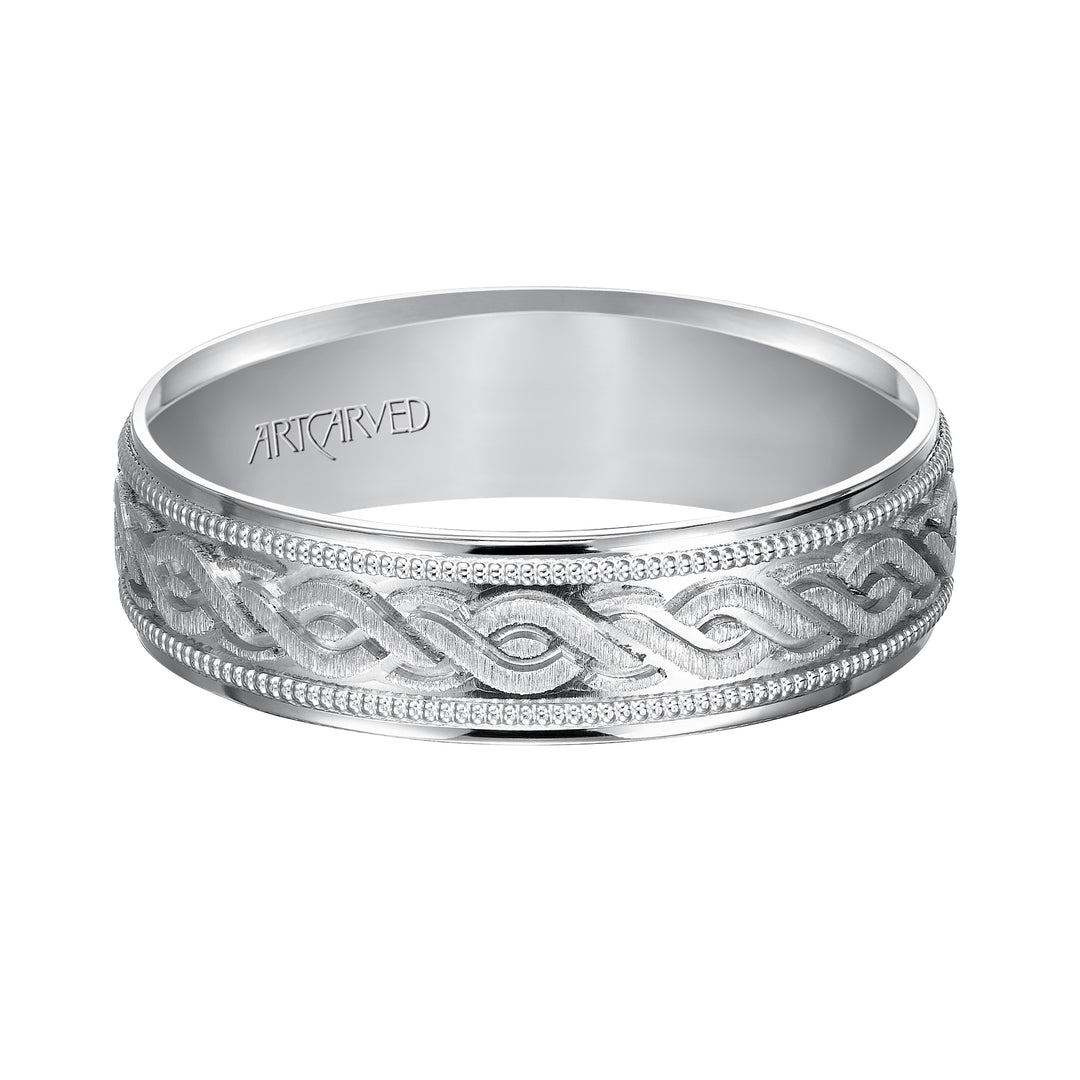 11-WV7322-G - ARTCARVED - Comfort Fit, engraved wedding band with milgrain detail and flat edgess