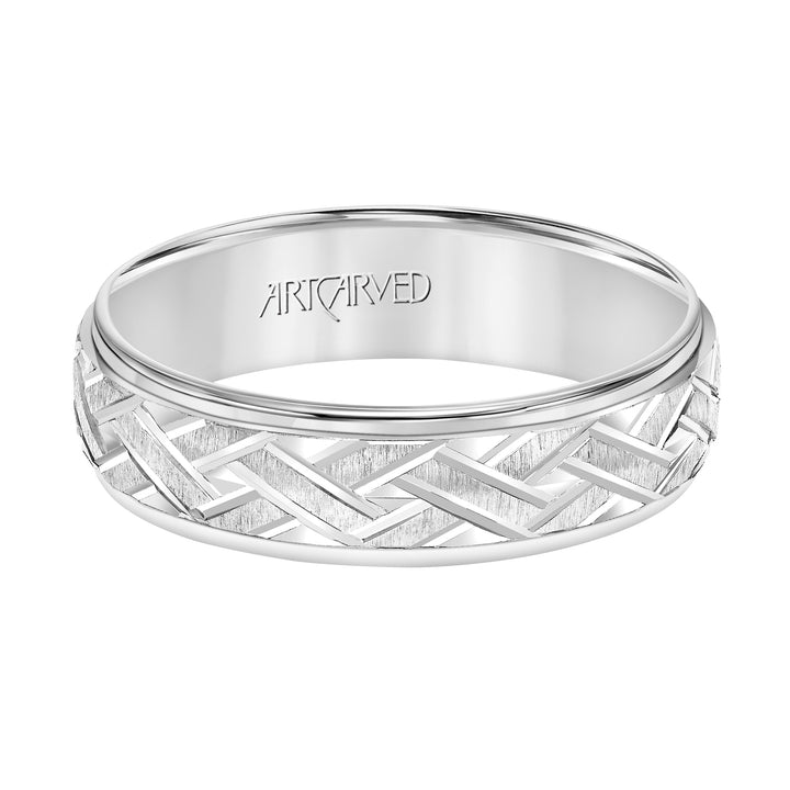 Comfort Fit wedding band with criss-cross engraved design and stepped edge