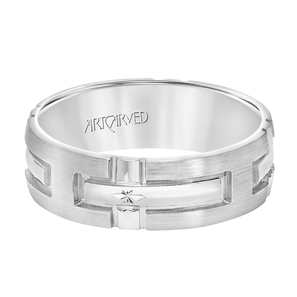 Comfort Fit wedding band with engraved cross design