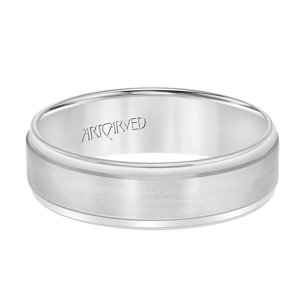 Comfort Fit wedding band with horizontal brushed finish and bright, rolled edges