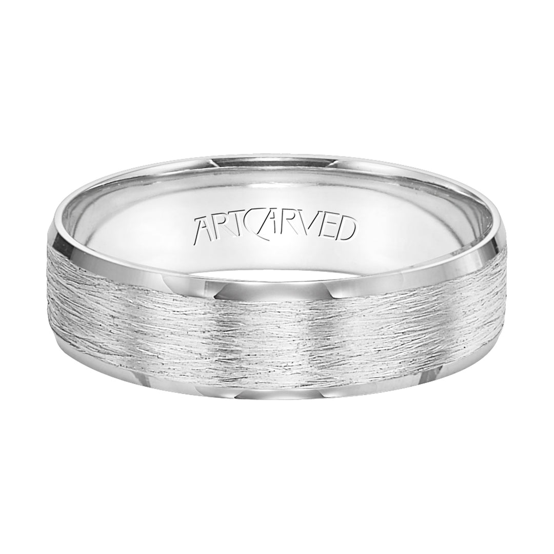 Lightweight, engraved wedding band with wire finish