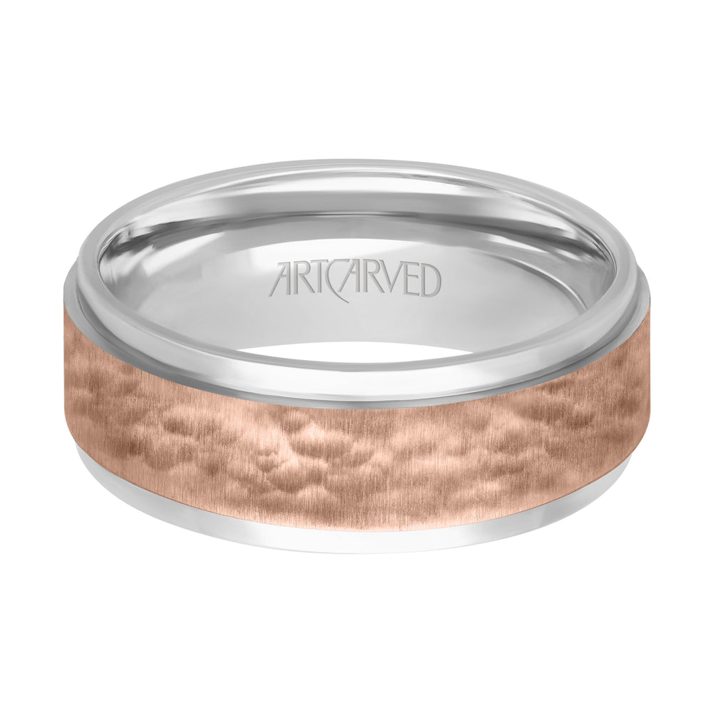 Comfort Fit wedding band with brushed hammered finish and bright flat edges Please note hand hammered styles will have slight variations due to the nature of the manufacturing process