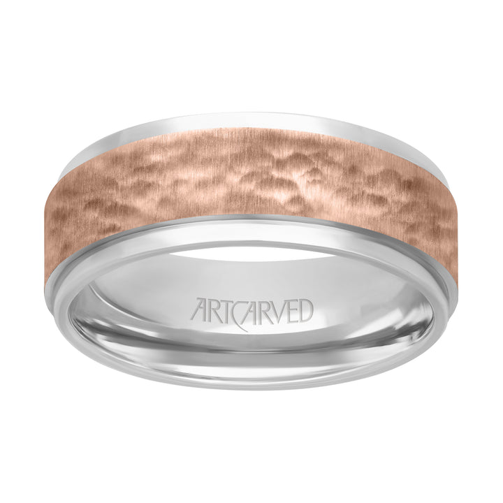 Comfort Fit wedding band with brushed hammered finish and bright flat edges Please note hand hammered styles will have slight variations due to the nature of the manufacturing process