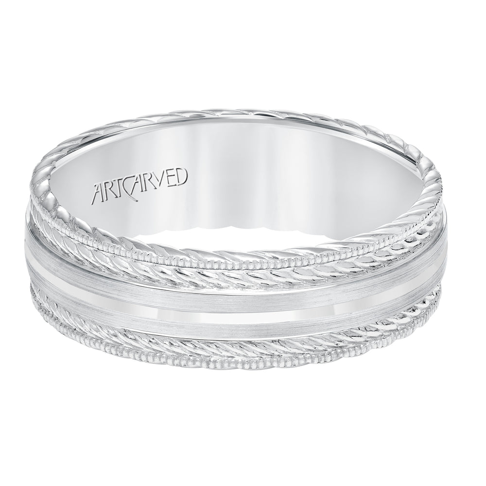Mens wedding band with satin finish and milgrain edge, rope treatment on top and the sides with flat profile.
