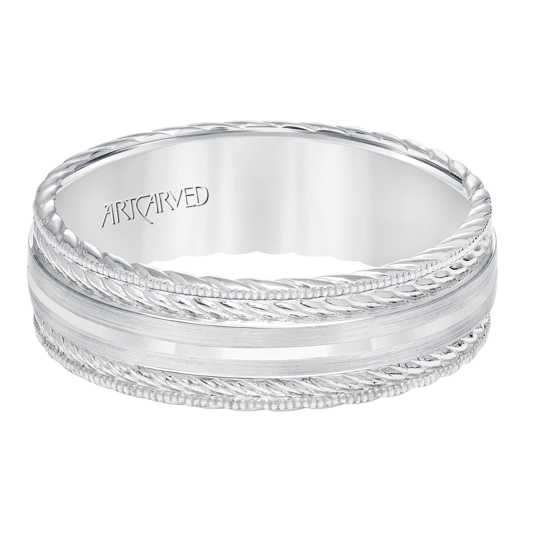 Mens wedding band with satin finish and milgrain edge, rope treatment on top and the sides with flat profile.