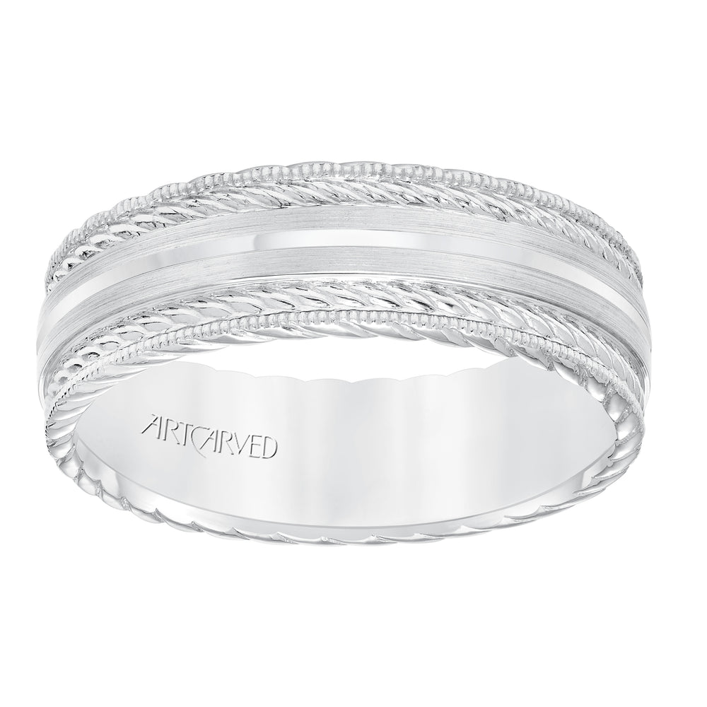 11-WV8641W7-G.00 - Goldman - Mens wedding band with satin finish and milgrain edge, rope treatment on top and the sides with flat profile.