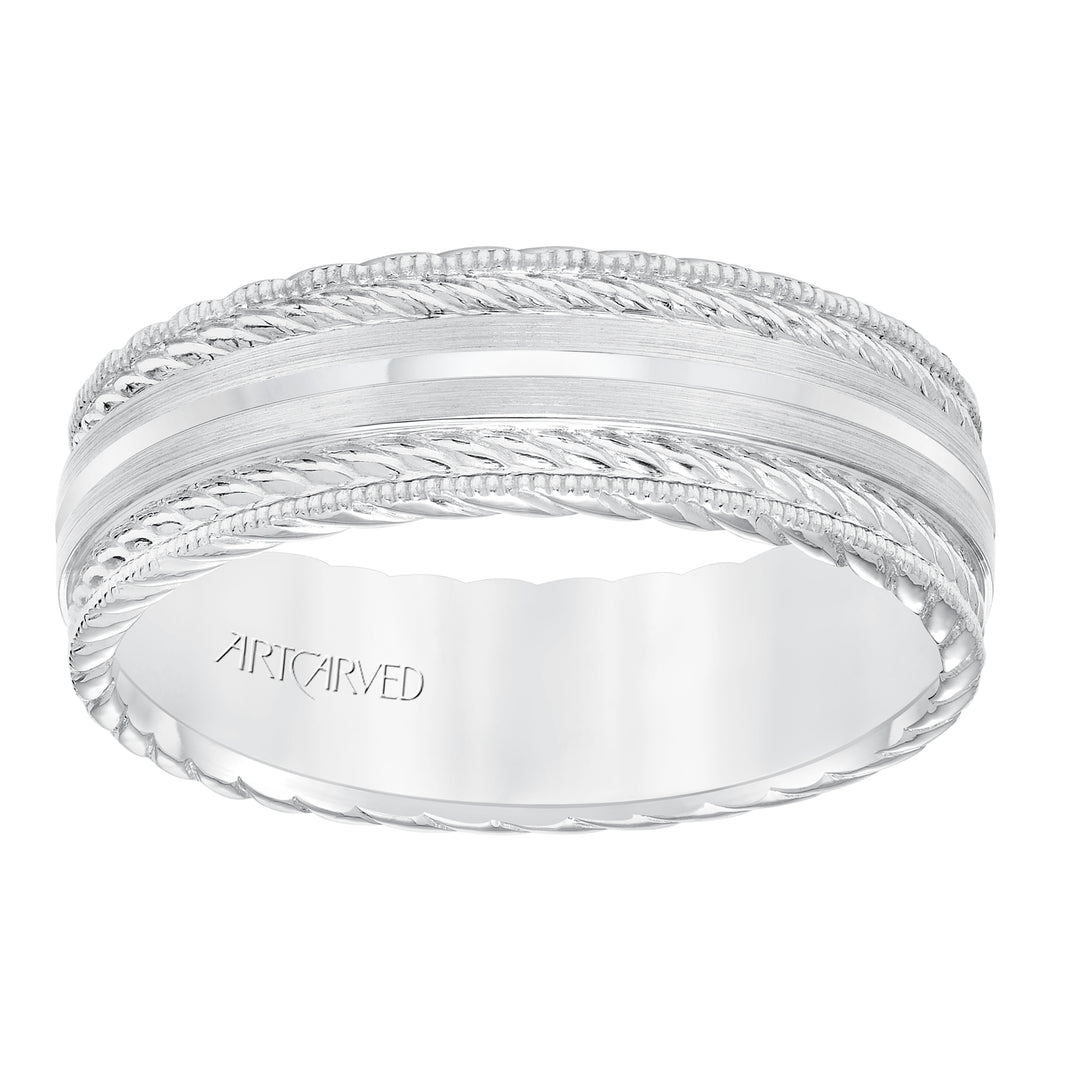 11-WV8641-G - ARTCARVED - Mens wedding band with satin finish and milgrain edge, rope treatment on top and the sides with flat profile.