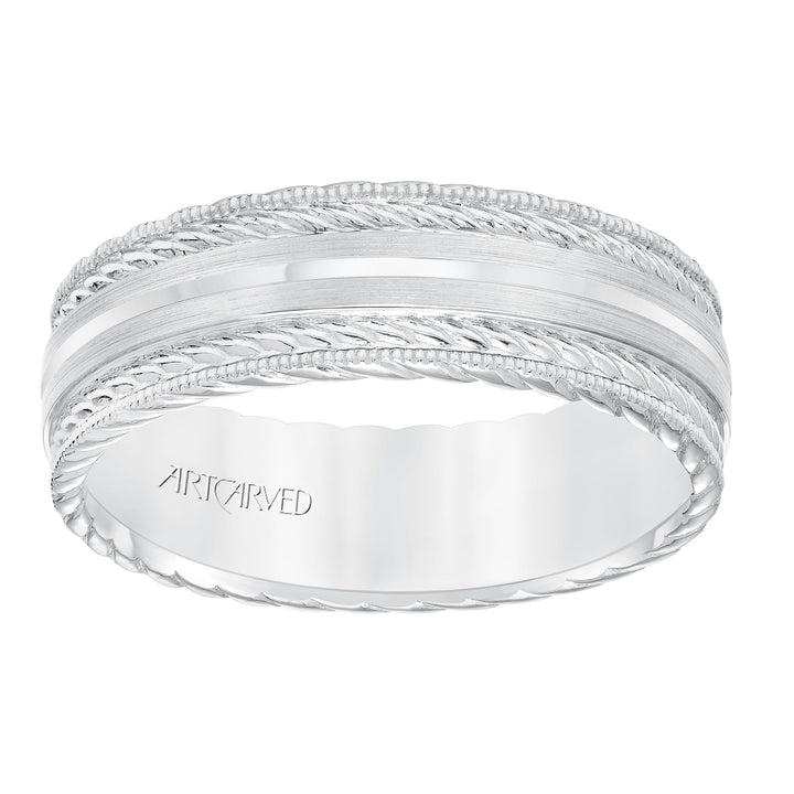 11-WV8641-G - ARTCARVED - Mens wedding band with satin finish and milgrain edge, rope treatment on top and the sides with flat profile.