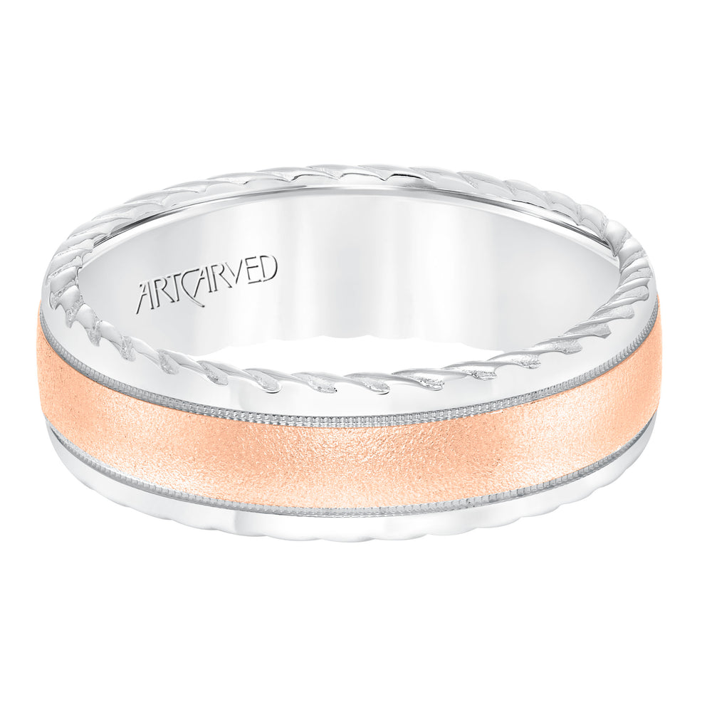 11-WV8642-G - ARTCARVED - Mens wedding band with soft sand finish and round edge, rope treatment on the side with milgrain accent and low dome profile.
