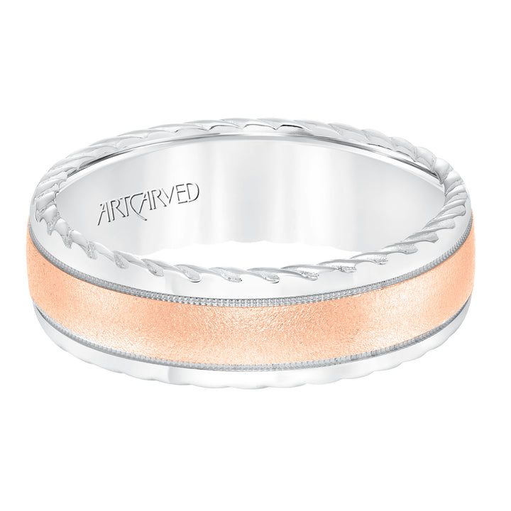 11-WV8642-G - ARTCARVED - Mens wedding band with soft sand finish and round edge, rope treatment on the side with milgrain accent and low dome profile.