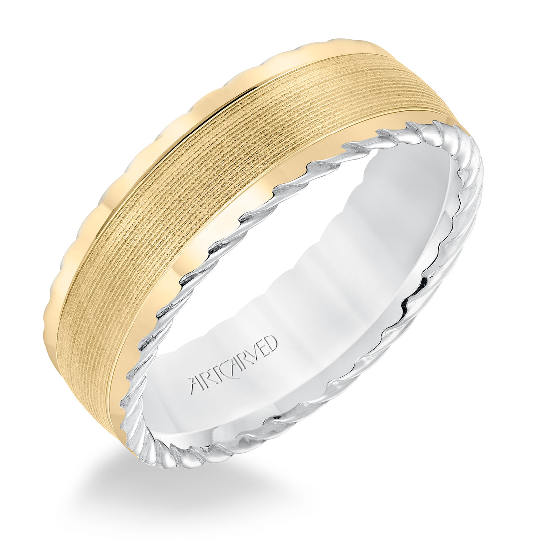 Mens wedding band with serrated finish and round edge, rope treatment on the side with a low dome profile.