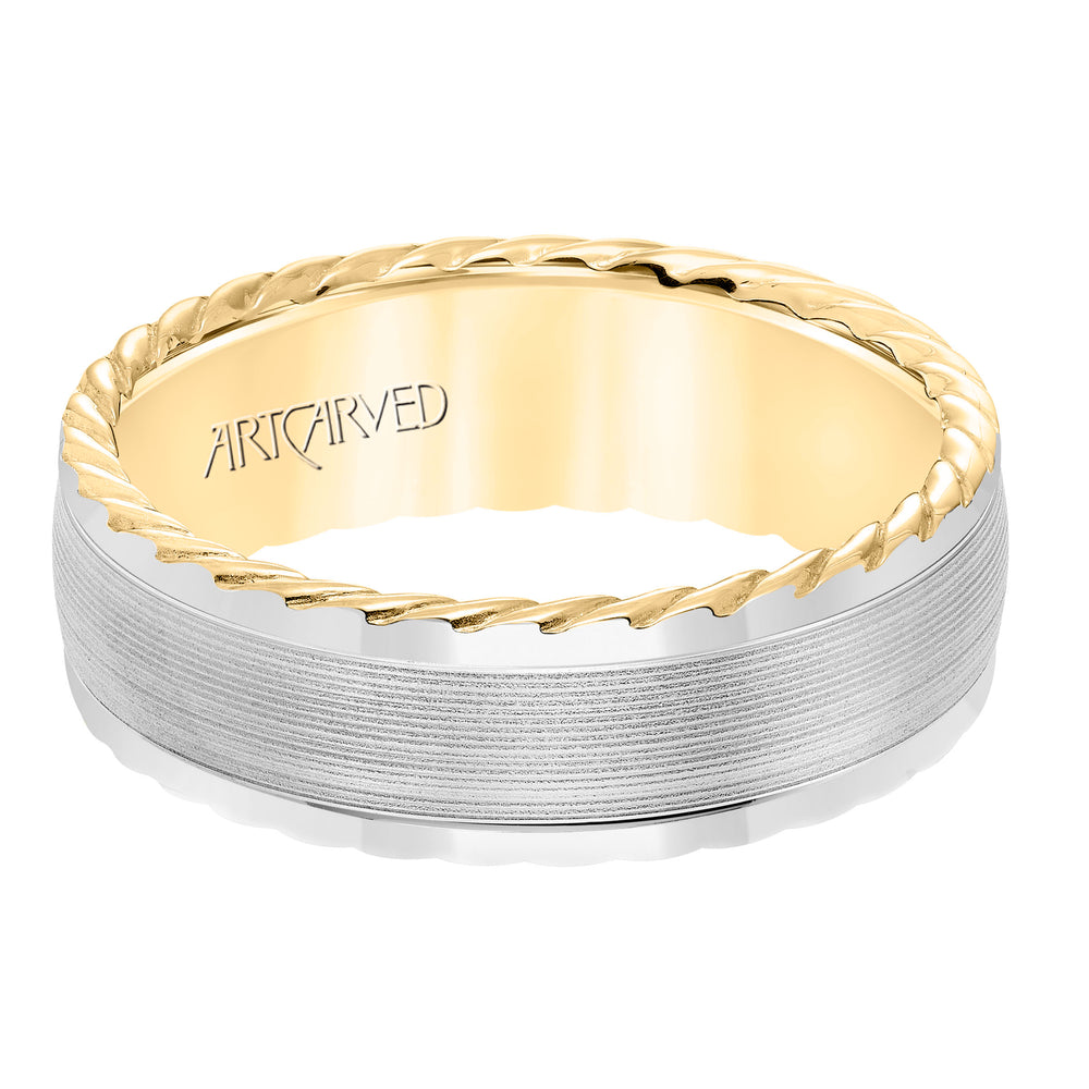 Mens wedding band with serrated finish and round edge, rope treatment on the side with a low dome profile.