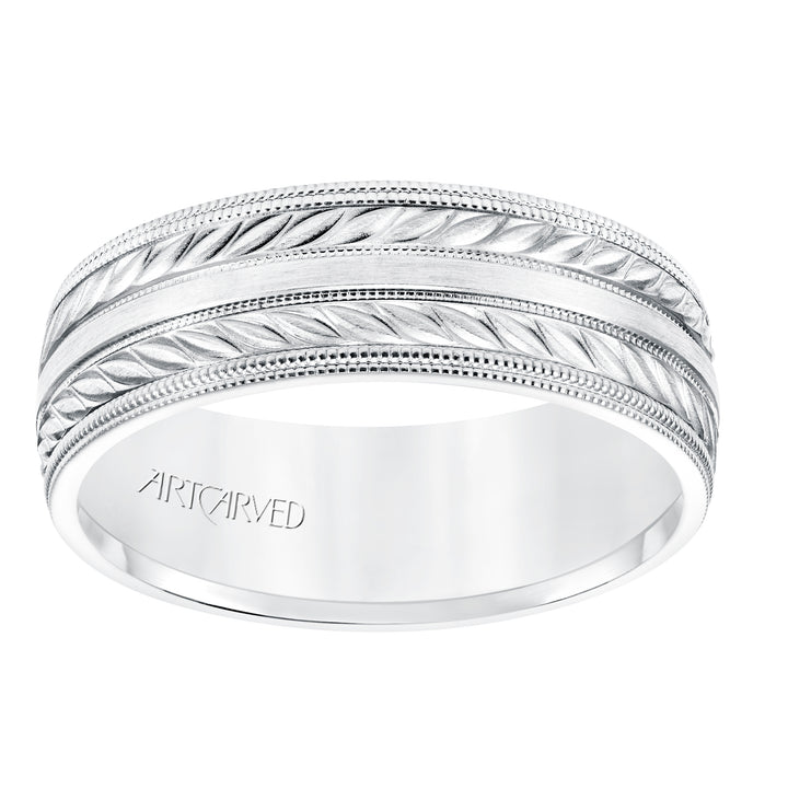 7MM Comfort Fit Wedding Band with a Wheat Motif and Milgrain Accent with Milgrain Edges