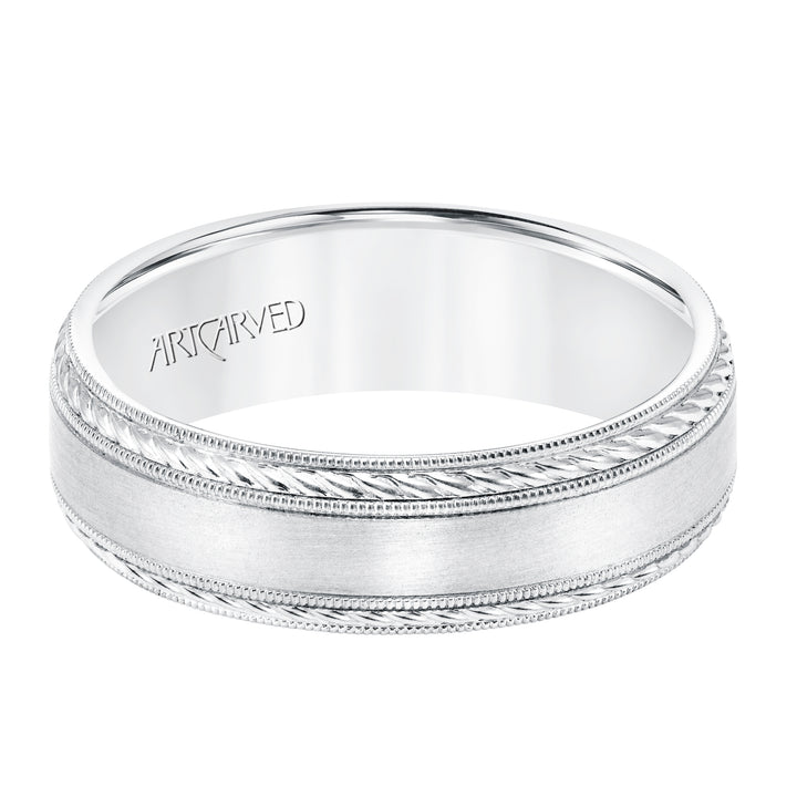 11-WV8672-G - ARTCARVED - 6.5 MM Comfort Fit Wedding Band with Satin Finish, Rope and Milgrain Accent with Milgrain Edges