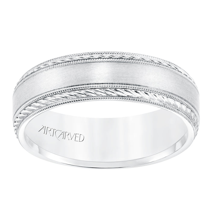 6.5 MM Comfort Fit Wedding Band with Satin Finish, Rope and Milgrain Accent with Milgrain Edges