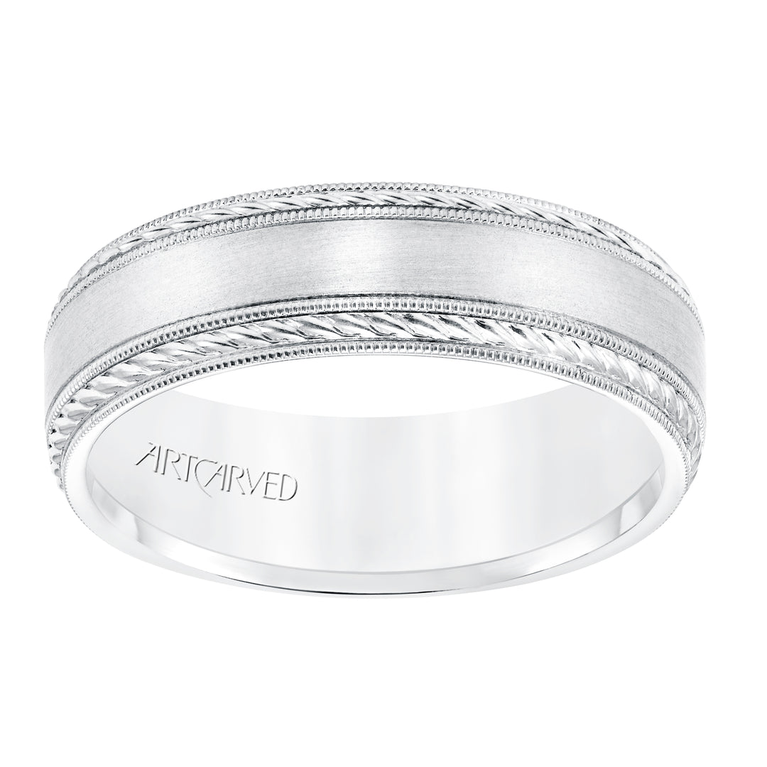 11-WV8672-G - ARTCARVED - 6.5 MM Comfort Fit Wedding Band with Satin Finish, Rope and Milgrain Accent with Milgrain Edges