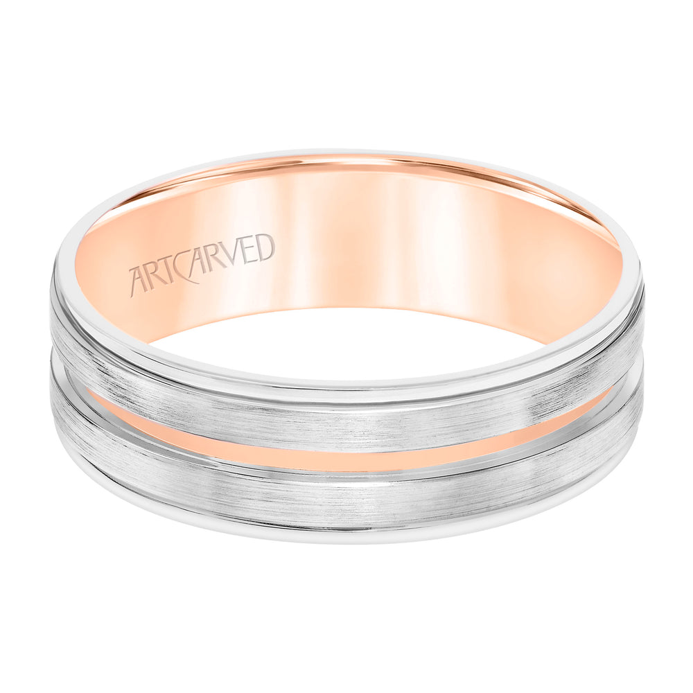 Mens Comfort Fit Wedding Band with White Gold Exterior with Brushed Finish and Polished Cut Center with Polished Round Edge and Rose Gold Interior