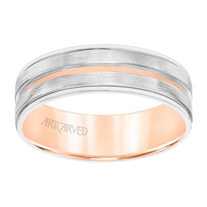 Mens Comfort Fit Wedding Band with White Gold Exterior with Brushed Finish and Polished Cut Center with Polished Round Edge and Rose Gold Interior
