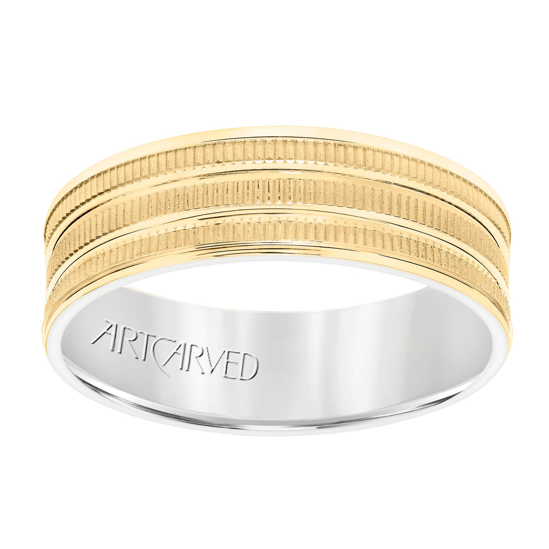 11-WV8830-G - ARTCARVED - Mens Comfort Fit Wedding Band with Yellow Gold Exterior with Coin Finish with Polished Flat Cuts and Polished Flat Edge with White Gold Interior