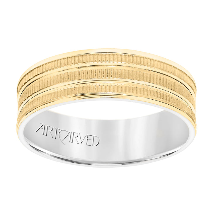 11-WV8830-G - ARTCARVED - Mens Comfort Fit Wedding Band with Yellow Gold Exterior with Coin Finish with Polished Flat Cuts and Polished Flat Edge with White Gold Interior