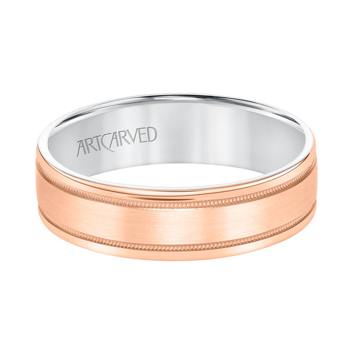 11-WV8831-G - ARTCARVED - Mens Comfort Fit Wedding Band with Rose Gold Exterior with Brushed Center with Milgrain Accents and Polished Round Edge with White Gold Interior