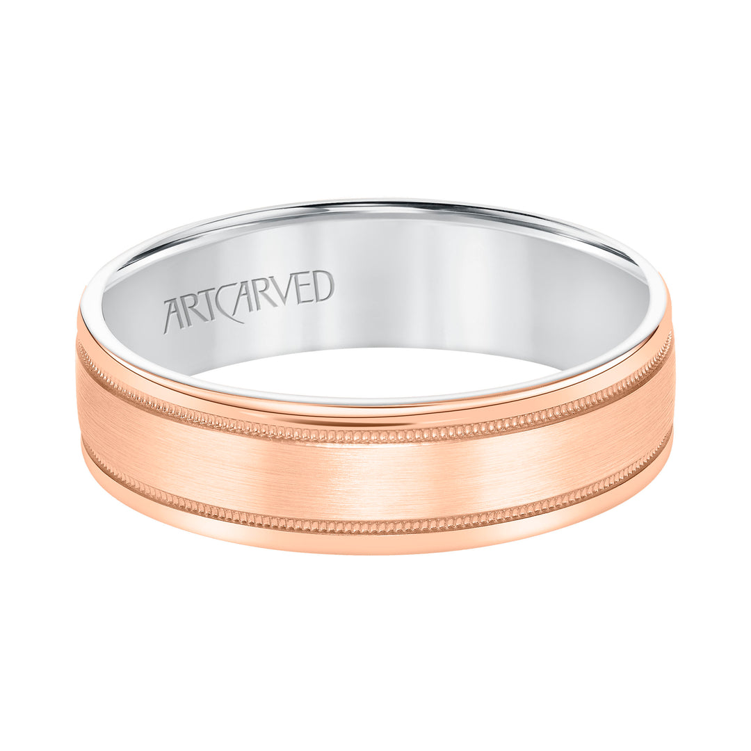 11-WV8831-G - ARTCARVED - Mens Comfort Fit Wedding Band with Rose Gold Exterior with Brushed Center with Milgrain Accents and Polished Round Edge with White Gold Interior