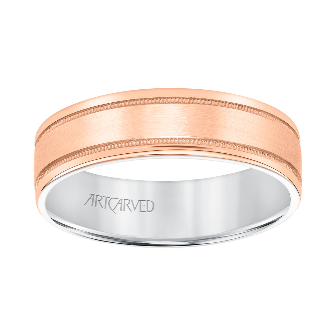 11-WV8831RW6-G.00 - Goldman - Mens Comfort Fit Wedding Band with Rose Gold Exterior with Brushed Center with Milgrain Accents and Polished Round Edge with White Gold Interior