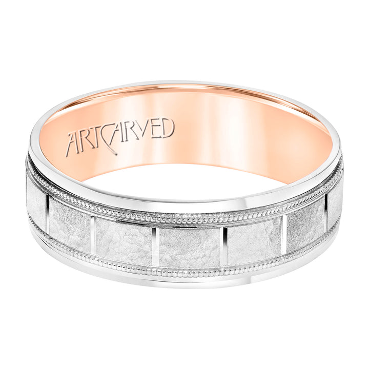 Mens Comfort Fit Wedding Band with White Gold Exterior with Stone Finish and Polished Vertical Cut Center with Milgrain Accents, Polished Round Edge and Rose Gold