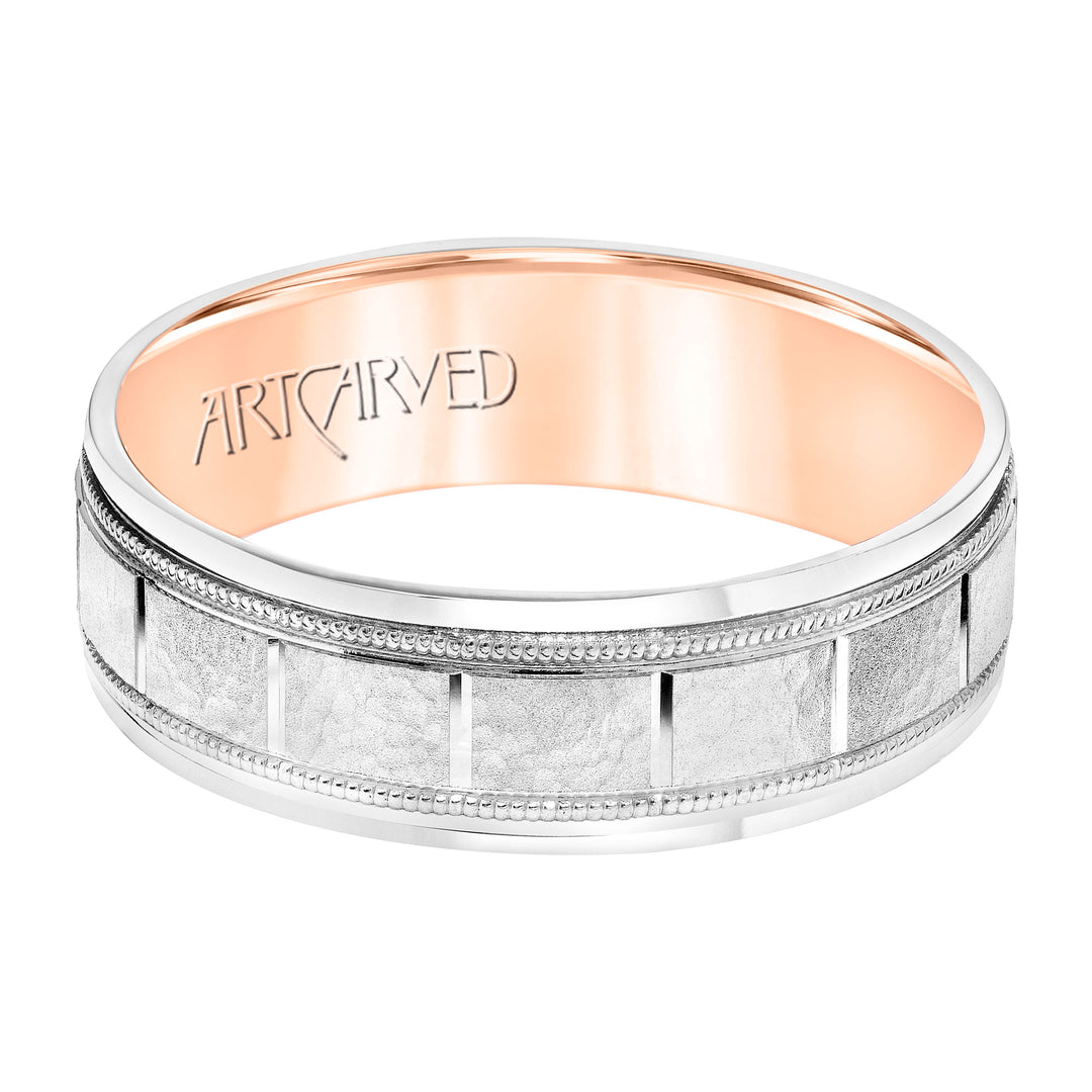 Mens Comfort Fit Wedding Band with White Gold Exterior with Stone Finish and Polished Vertical Cut Center with Milgrain Accents, Polished Round Edge and Rose Gold