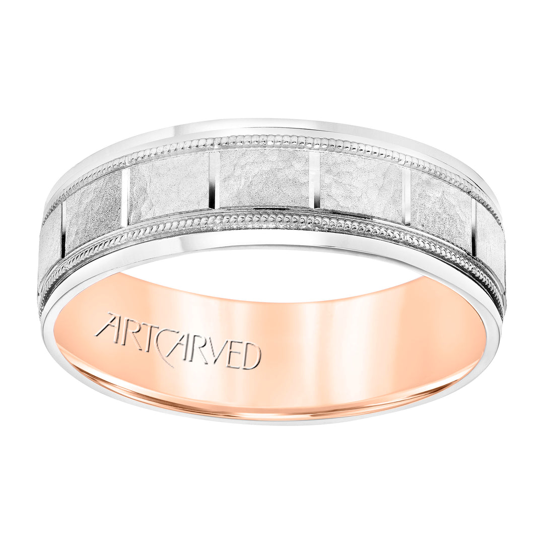 Mens Comfort Fit Wedding Band with White Gold Exterior with Stone Finish and Polished Vertical Cut Center with Milgrain Accents, Polished Round Edge and Rose Gold