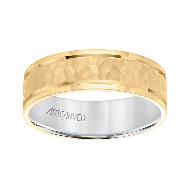 Mens Comfort Fit wed Band with Yellow Gold Exterior with brushd Finish and hammerd Texture Center with Polished Flat Edge and White Gold Interior Pls note hand hammerd styles will have slight variations due to the nature of the manufacturing process