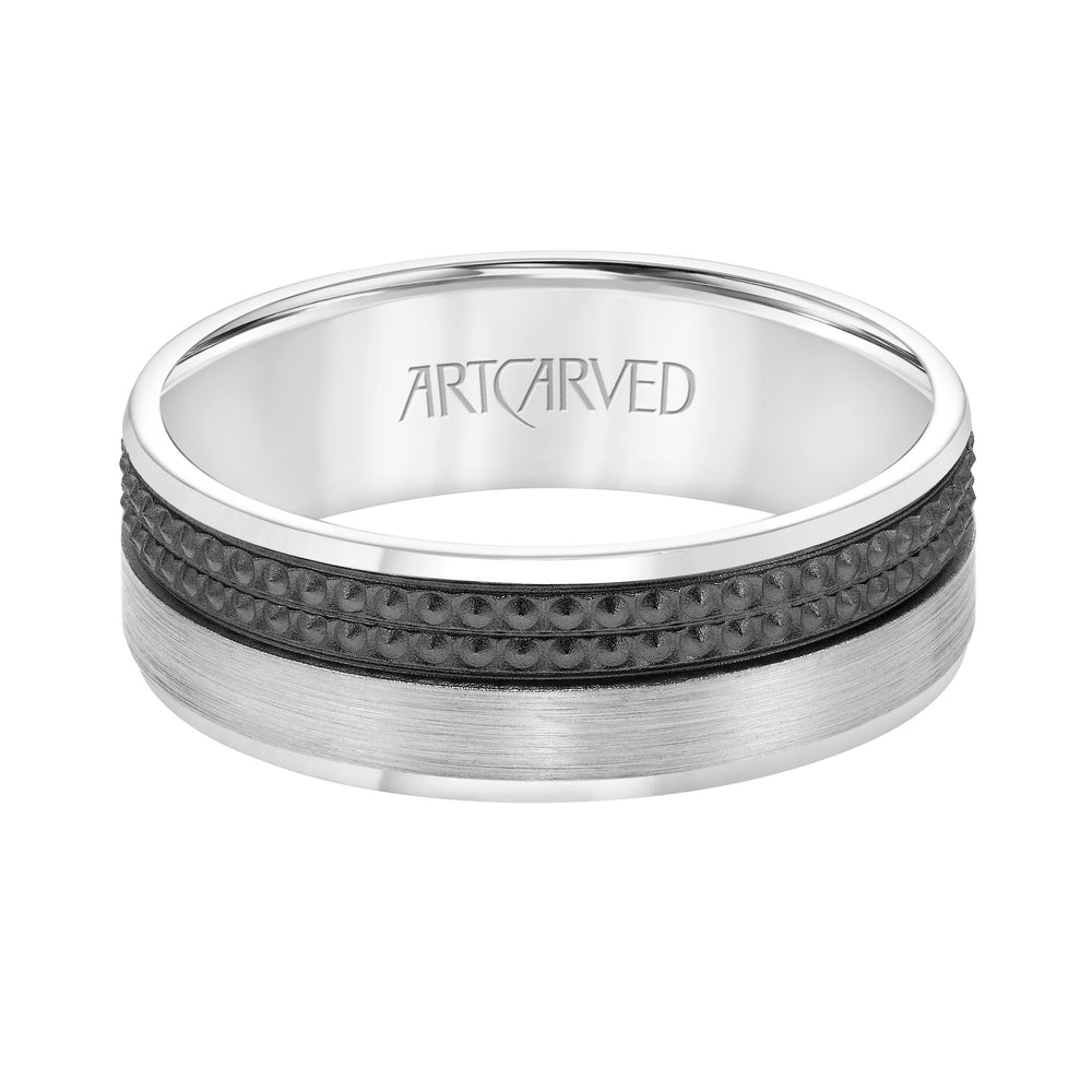 Mens Comfort Fit Wedding Band with Brushed Finish and Textured  Black Rhodium and Polished Edge
