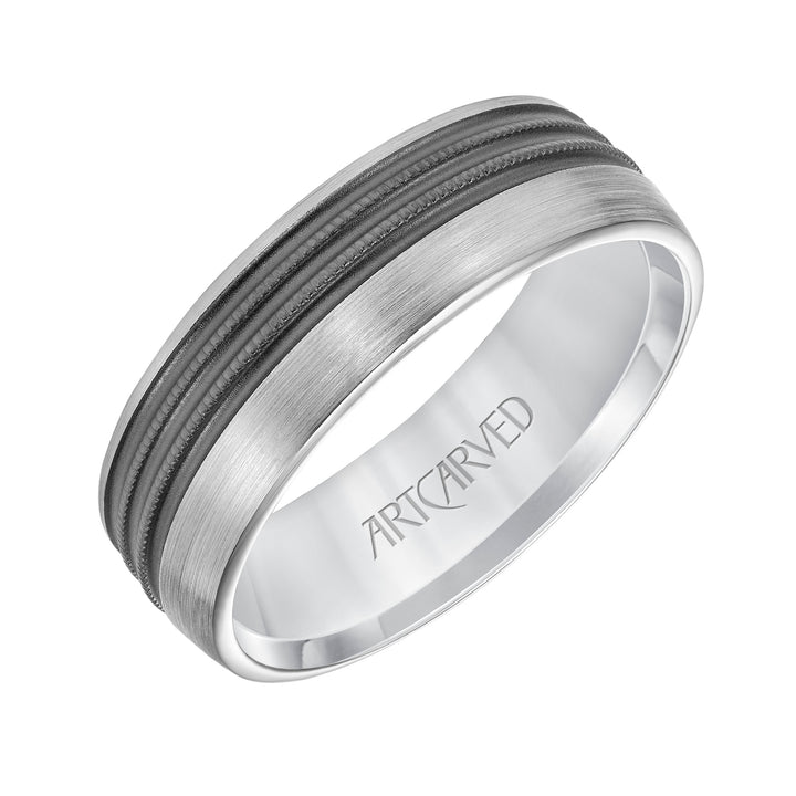 Mens Comfort Fit Wedding Band with Brushed Matte Finish with Textured Black Rhodium and Milgrain Accents